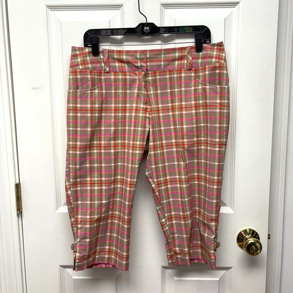 Adidas Pants Climatelite Capri Pant Pink Brown Plaid Golf Walking Women's Size 8